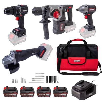 Grangos GCKIT204-F4 20V Kömürsüz Akülü Set – Darbeli Matkap, Somun Sıkma, Avuç Taşlama, Kırıcı Delici – 4×5.0Ah Akü, Hızlı Şarj, Çanta, Aksesuar Hediyeli - Grangos