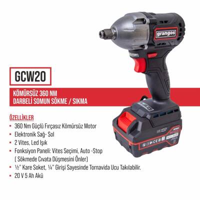Grangos GCKIT204-F4 20V Kömürsüz Akülü Set – Darbeli Matkap, Somun Sıkma, Avuç Taşlama, Kırıcı Delici – 4×5.0Ah Akü, Hızlı Şarj, Çanta, Aksesuar Hediyeli - 3