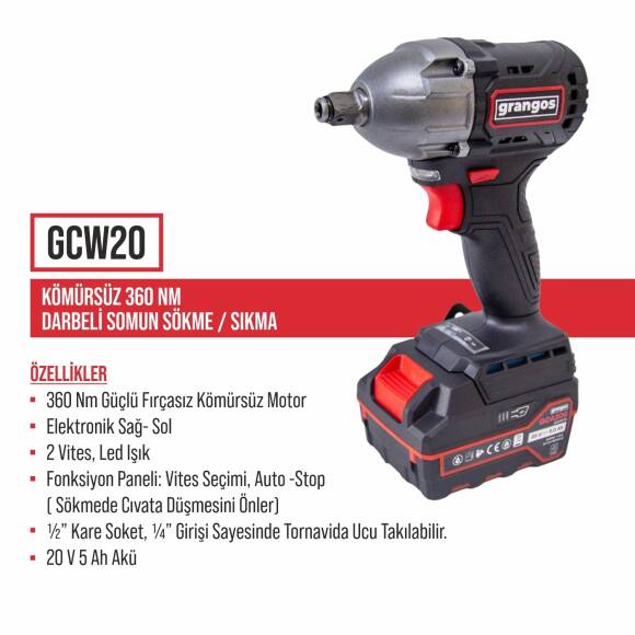 Grangos GCKIT204-F4 20V Kömürsüz Akülü Set – Darbeli Matkap, Somun Sıkma, Avuç Taşlama, Kırıcı Delici – 4×5.0Ah Akü, Hızlı Şarj, Çanta, Aksesuar Hediyeli - 3