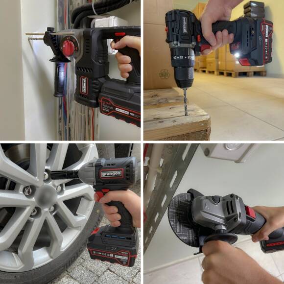 Grangos GCKIT204-F4 20V Kömürsüz Akülü Set – Darbeli Matkap, Somun Sıkma, Avuç Taşlama, Kırıcı Delici – 4×5.0Ah Akü, Hızlı Şarj, Çanta, Aksesuar Hediyeli - 7