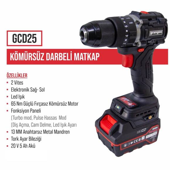 Grangos GCKIT204-F4 20V Kömürsüz Akülü Set – Darbeli Matkap, Somun Sıkma, Avuç Taşlama, Kırıcı Delici – 4×5.0Ah Akü, Hızlı Şarj, Çanta, Aksesuar Hediyeli - 8