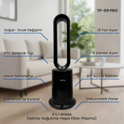 Haibrag TP-09 PRO (4’ü 1 Arada) – Isıtma, Soğutma, Hava Temizleme Kanatsız Zemin Tipi Fan (Siyah) - 5