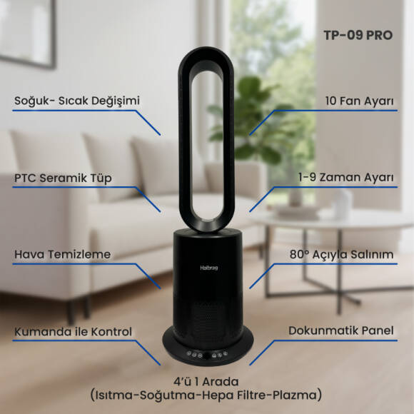 Haibrag TP-09 PRO (4’ü 1 Arada) – Isıtma, Soğutma, Hava Temizleme Kanatsız Zemin Tipi Fan (Siyah) - 5