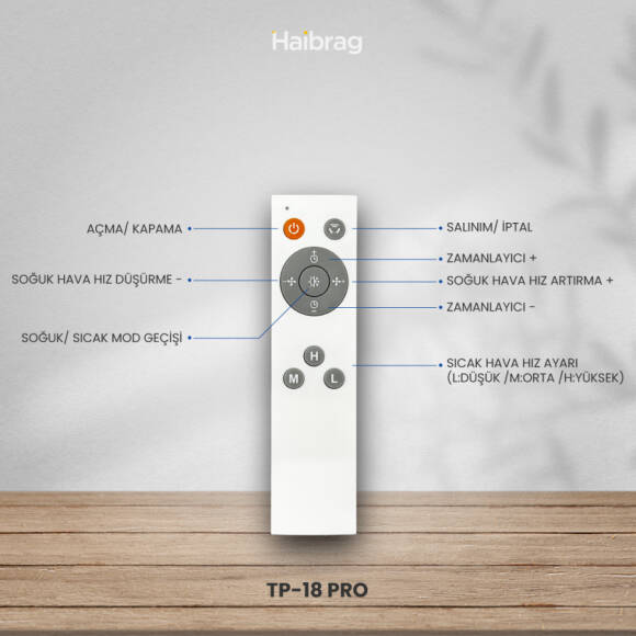 Haibrag TP-18 PRO – Sıcak & Soğuk Kanatsız Zemin Tipi Fan (Beyaz) - 7