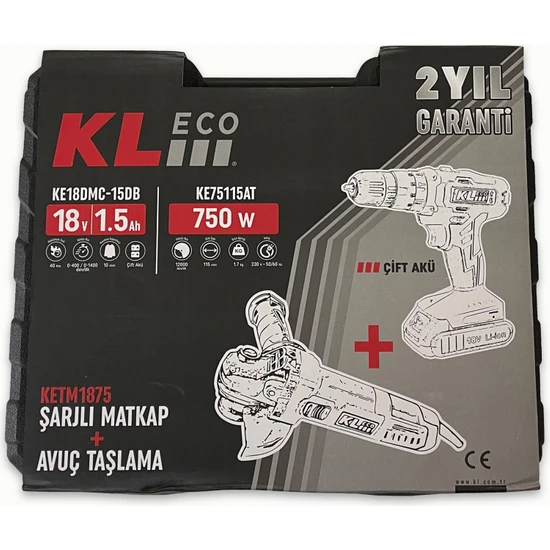 KL Eco 18V/1.5 Ah Çift Akülü Darbeli Matkap + 750W Avuç Taşlama + 23 Parça Aksesuar - Thumbnail