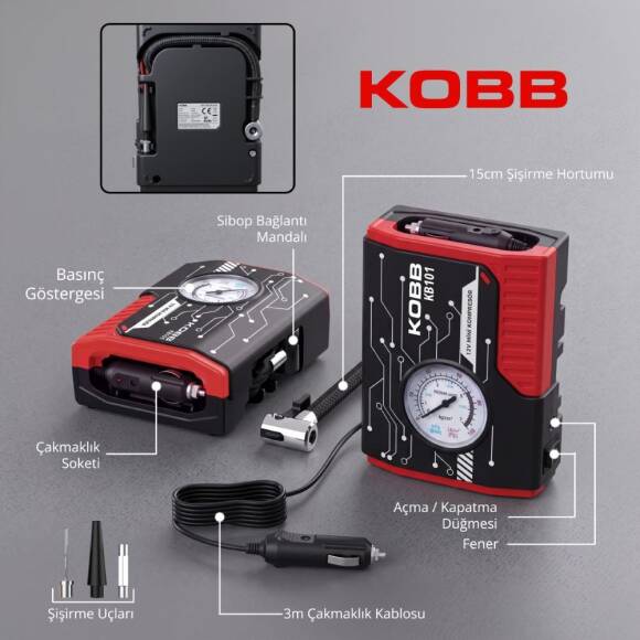 KOBB KB101 12Volt 100 PSI Analog Göstergeli Lastik Şişirme Hava Pompası - 5