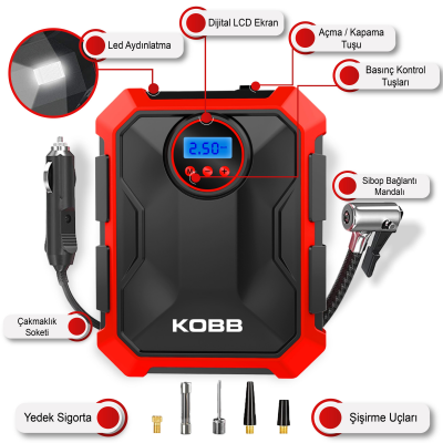 KOBB KB200 12Volt 150 PSI Ayarlanabilir Dijital Basınç Göstergeli Hava Lastik Şişirme Pompası - KOBB (1)