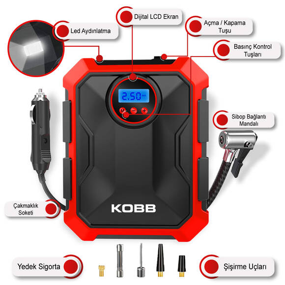 KOBB KB200 12Volt 150 PSI Ayarlanabilir Dijital Basınç Göstergeli Hava Lastik Şişirme Pompası