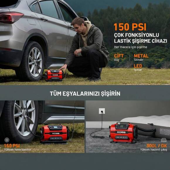 KOBB KB301 12Volt 220Volt 150 PSI Ayarlanabilir Dijital Basınç Göstergeli Lastik ve Yatak Şişirme Pompası - 10