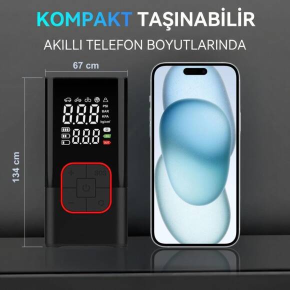KOBB KB412 Li-ion Şarjlı 150 PSI Dijital Göstergeli Akıllı Lastik Şişirme Pompası+ Powerbank + SOS + Led Lamba - 4