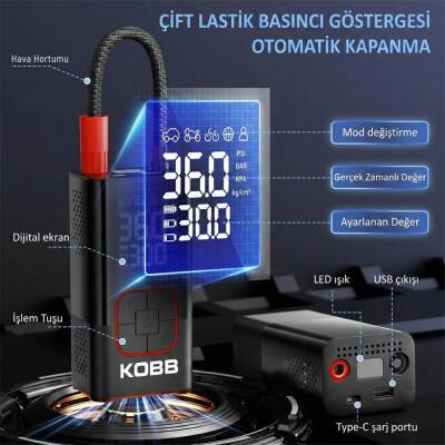 KOBB KB412 Li-ion Şarjlı 150 PSI Dijital Göstergeli Akıllı Lastik Şişirme Pompası+ Powerbank + SOS + Led Lamba - 7