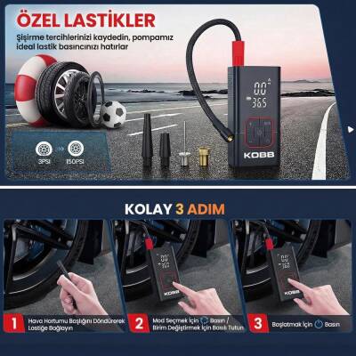 KOBB KB412 Li-ion Şarjlı 150 PSI Dijital Göstergeli Akıllı Lastik Şişirme Pompası+ Powerbank + SOS + Led Lamba - 8