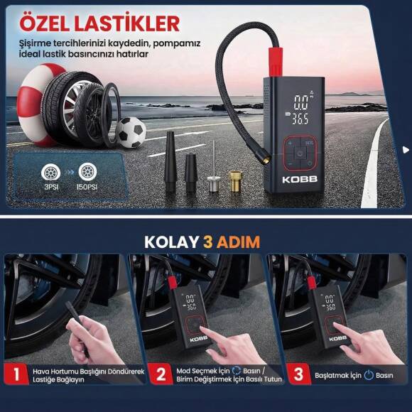 KOBB KB412 Li-ion Şarjlı 150 PSI Dijital Göstergeli Akıllı Lastik Şişirme Pompası+ Powerbank + SOS + Led Lamba - 8