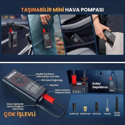 KOBB KB412 Li-ion Şarjlı 150 PSI Dijital Göstergeli Akıllı Lastik Şişirme Pompası+ Powerbank + SOS + Led Lamba - 9