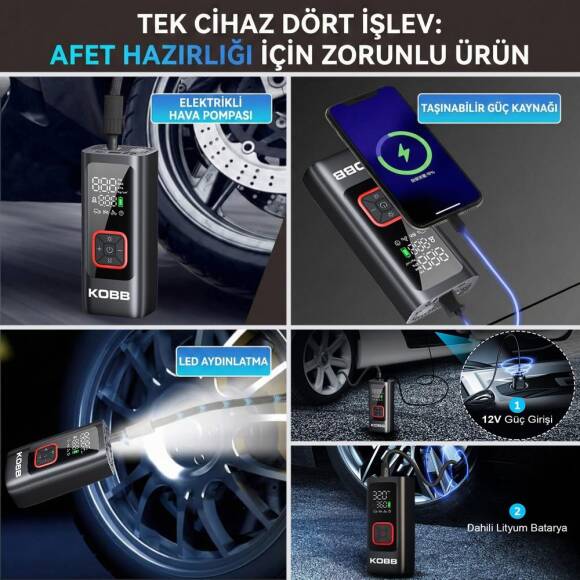 KOBB KB426 12V / Şarjlı Li-ion 150 PSI Dijital Göstergeli Akıllı Lastik Şişirme Pompası+ Powerbank + SOS + Led Lamba - 3