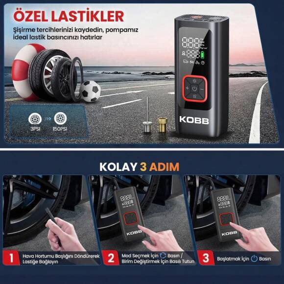 KOBB KB426 12V / Şarjlı Li-ion 150 PSI Dijital Göstergeli Akıllı Lastik Şişirme Pompası+ Powerbank + SOS + Led Lamba - 9