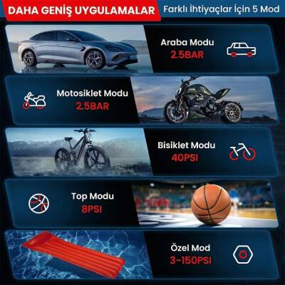 KOBB KB426 12V / Şarjlı Li-ion 150 PSI Dijital Göstergeli Akıllı Lastik Şişirme Pompası+ Powerbank + SOS + Led Lamba - 10