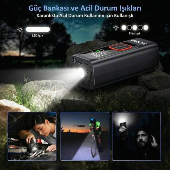 KOBB KB426 12V / Şarjlı Li-ion 150 PSI Dijital Göstergeli Akıllı Lastik Şişirme Pompası+ Powerbank + SOS + Led Lamba - 7
