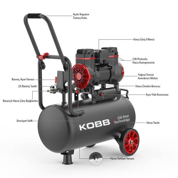 KOBB KBK25S 1.7HP 25Lt 8Bar Yağsız Sessiz Taşınabilir Hava Kompresörü - 4