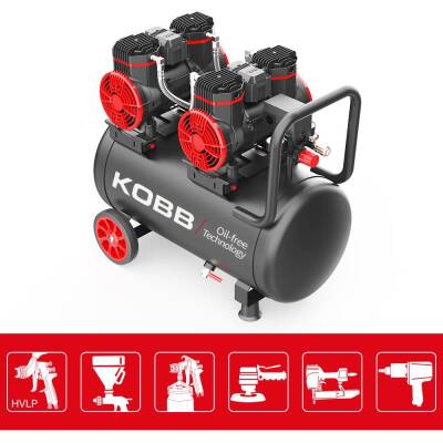 KOBB KBK50S2 4.0HP 50Lt 8Bar Çift Motorlu Yağsız Sessiz Taşınabilir Hava Kompresörü - 3