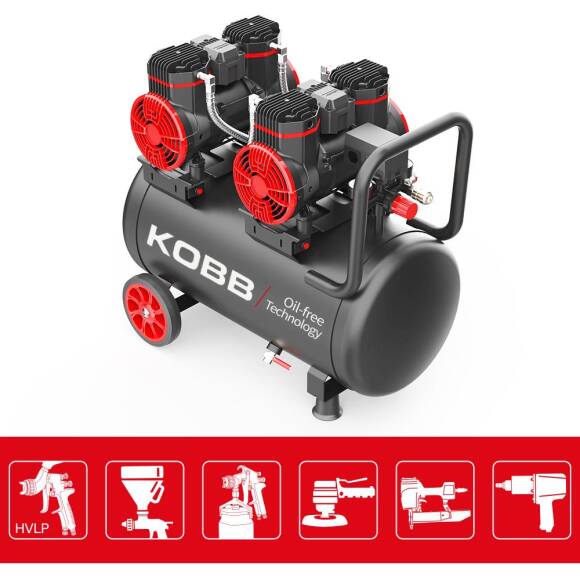 KOBB KBK50S2 4.0HP 50Lt 8Bar Çift Motorlu Yağsız Sessiz Taşınabilir Hava Kompresörü - 3