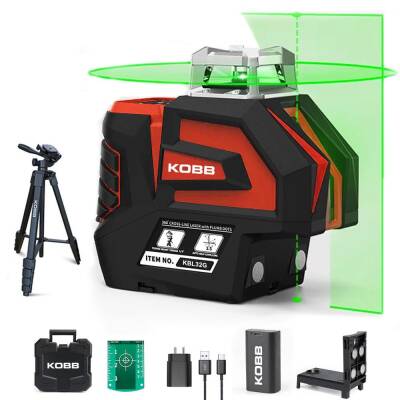 KOBB KBL32GTP Profesyonel Li-ion Yatay 360° ve Dikey Otomatik Hizalamalı Yeşil Nokta Şakül ve Çapraz Çizgi Lazer+Tripod - Kobb