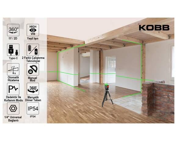 KOBB KBL33G 40 Metre Profesyonel Li-ion Şarjlı 2x90⁰/360⁰ Otomatik Hizalamalı Yeşil Çapraz Çizgi Lazer Distomat