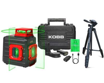 KOBB KBL33GTP 40 Metre Profesyonel Li-ion Şarjlı 2x90⁰/360⁰ Otomatik Hizalamalı Yeşil Çapraz Çizgi Lazer Distomat + Tripod - Kobb (1)