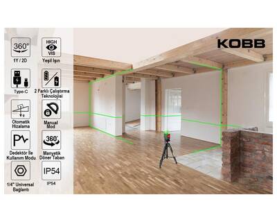 KOBB KBL33GTP 40 Metre Profesyonel Li-ion Şarjlı 2x90⁰/360⁰ Otomatik Hizalamalı Yeşil Çapraz Çizgi Lazer Distomat + Tripod - 6