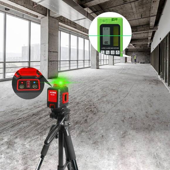 KOBB KBL33GTP 40 Metre Profesyonel Li-ion Şarjlı 2x90⁰/360⁰ Otomatik Hizalamalı Yeşil Çapraz Çizgi Lazer Distomat + Tripod