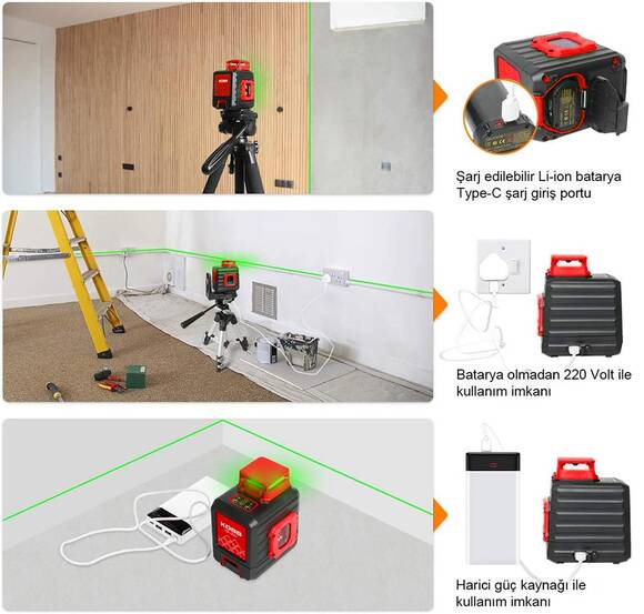 KOBB KBL33GTP 40 Metre Profesyonel Li-ion Şarjlı 2x90⁰/360⁰ Otomatik Hizalamalı Yeşil Çapraz Çizgi Lazer Distomat + Tripod