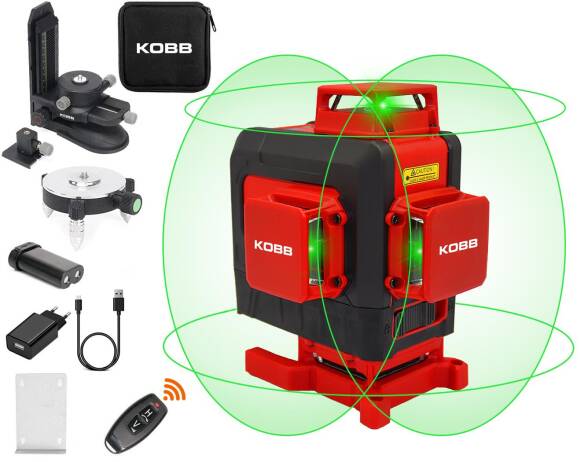 KOBB KBL35G Profesyonel Li-ion Şarjlı 4X360⁰ Otomatik Hizalamalı Yeşil Çapraz Çizgi Lazer Distomat+Uzaktan Kumanda - 1