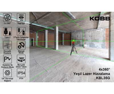 KOBB KBL35GTP Profesyonel Li-ion Şarjlı 4X360⁰ Otomatik Hizalamalı Yeşil Çapraz Çizgi Lazer Distomat+Tripod - 9