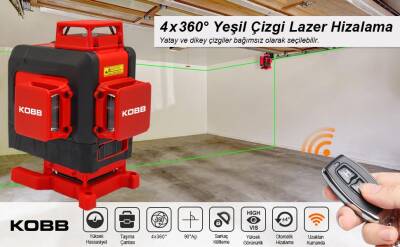 KOBB KBL35GTP Profesyonel Li-ion Şarjlı 4X360⁰ Otomatik Hizalamalı Yeşil Çapraz Çizgi Lazer Distomat+Tripod - 8