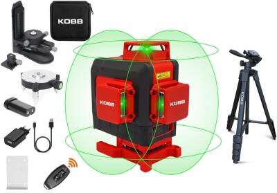 KOBB KBL35GTP Profesyonel Li-ion Şarjlı 4X360⁰ Otomatik Hizalamalı Yeşil Çapraz Çizgi Lazer Distomat+Tripod - KOBB