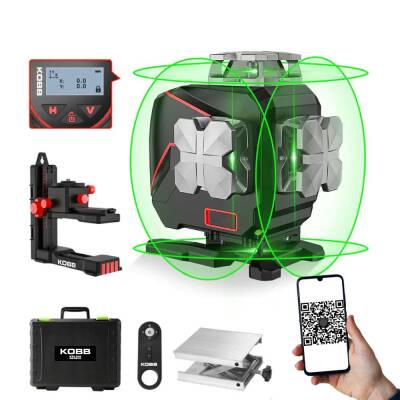 KOBB KBL36G Profesyonel Li-ion Şarjlı 4X360⁰ LCD Ekran Otomatik Hizalamalı Yeşil Çapraz Çizgi Lazer Distomat - KOBB