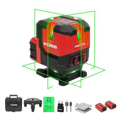 KOBB KBL41G 30Metre 4x90⁰/1x360⁰ Otomatik Hizalamalı Li-ion Çift Akülü Profesyonel Yeşil Çapraz Çizgi Lazer Distomat - Kobb (1)