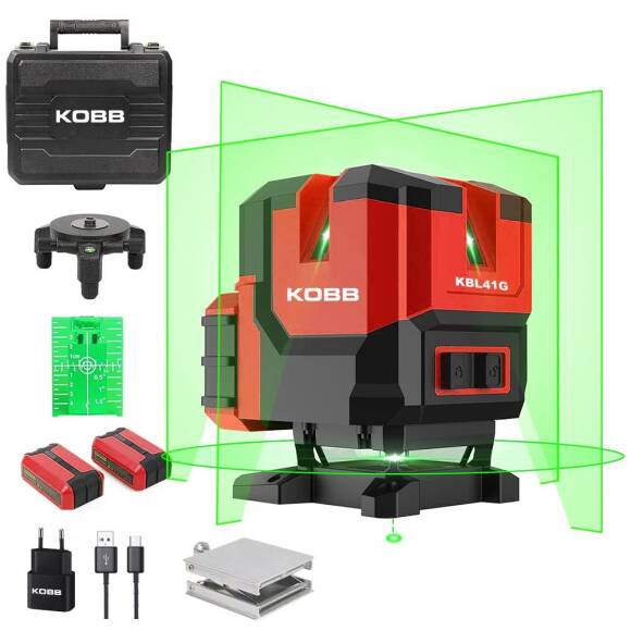 KOBB KBL41G 30Metre 4x90⁰/1x360⁰ Otomatik Hizalamalı Li-ion Çift Akülü Profesyonel Yeşil Çapraz Çizgi Lazer Distomat - 1