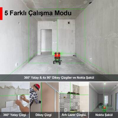 KOBB KBL41GTP 30M 4x90⁰/1x360⁰ Otomatik Hizalamalı Li-ion Çift Akü Profesyonel Yeşil Çizgi Lazer Distomat + Tripod - 10