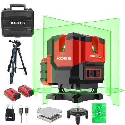 KOBB KBL41GTP 30M 4x90⁰/1x360⁰ Otomatik Hizalamalı Li-ion Çift Akü Profesyonel Yeşil Çizgi Lazer Distomat + Tripod - Kobb