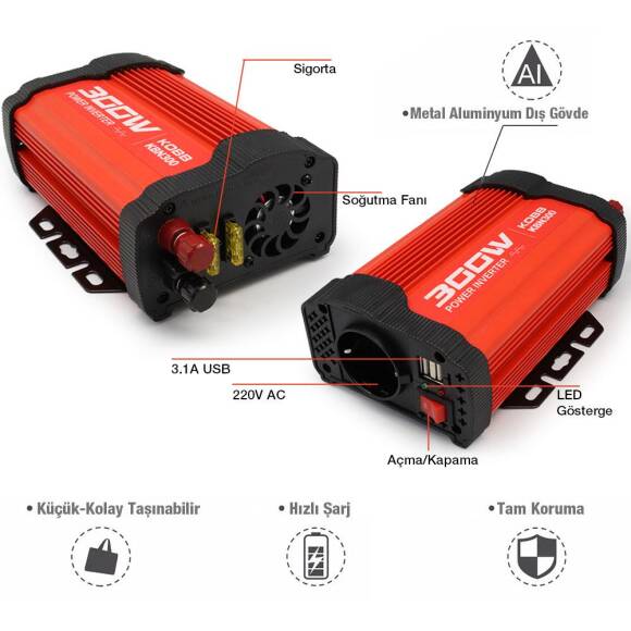 KOBB KBN300 12V/220V 300Watt Modifiye Sinüs Dönüştürücü İnvertör - 8