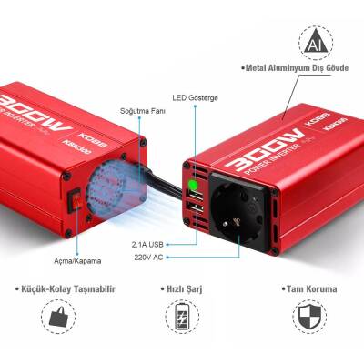 KOBB KBN300 12V/220V 300Watt Modifiye Sinüs Dönüştürücü İnvertör - 9