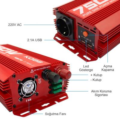 KOBB KBN750 12V/220V 750Watt Tam Sinüs Dönüştürücü İnvertör - 7