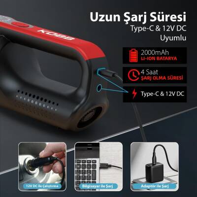 KOBB KBV20 12Volt/ Li-ion Şarjlı Kömürsüz Motor Hibrit Araç Süpürgesi + 8 Parça Aksesuar Seti + Taşıma Çantası - 6