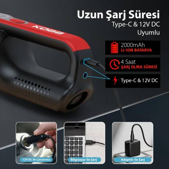 KOBB KBV20 12Volt/ Li-ion Şarjlı Kömürsüz Motor Hibrit Araç Süpürgesi + 8 Parça Aksesuar Seti + Taşıma Çantası - 6