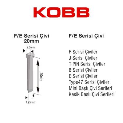 KOBB KBZ20F 20mm 2500 Adet F/E/J/8 Serisi Ağır Hizmet Tipi Kesik Başlı Çivi - Thumbnail