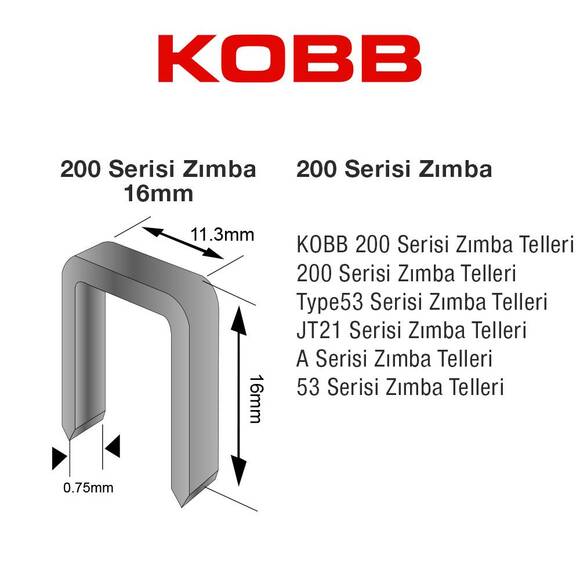 KOBB KBZ216 16mm 2500 Adet 200 Serisi Ağır Hizmet Tipi Zımba Teli