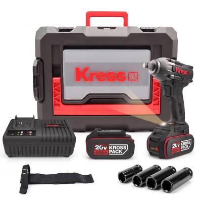 Kress KUB30.2SET 20Volt/4.0Ah. Li-ion Çift Akülü 300Nm Kömürsüz Profesyonel Şarjlı Somun Sıkma + 4 Parça Derin Lokma Seti - Kress