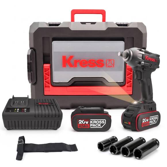 Kress KUB30.2SET 20Volt/4.0Ah. Li-ion Çift Akülü 300Nm Kömürsüz Profesyonel Şarjlı Somun Sıkma + 4 Parça Derin Lokma Seti - 1