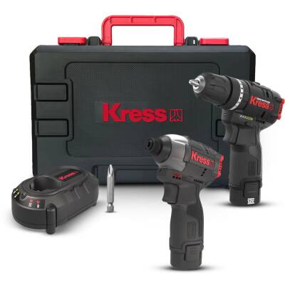 Kress KUG02 12Volt/2.0Ah. Li-ion Çift Akülü Kömürsüz Profesyonel Darbeli Matkap+Darbeli Tornavida Kombo Set - Kress